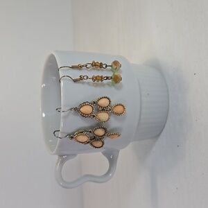 Boho Drop Dangle Green & Peach Earrings Set of 2